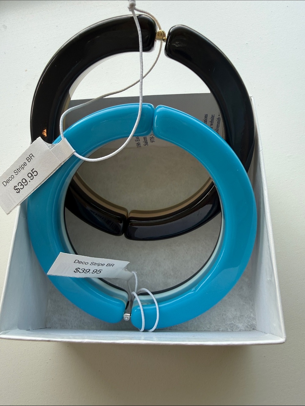 Deco Stripe BR Chunky Resin Bangle Set Of Two
In Turquoise & Neutral Tones NWT